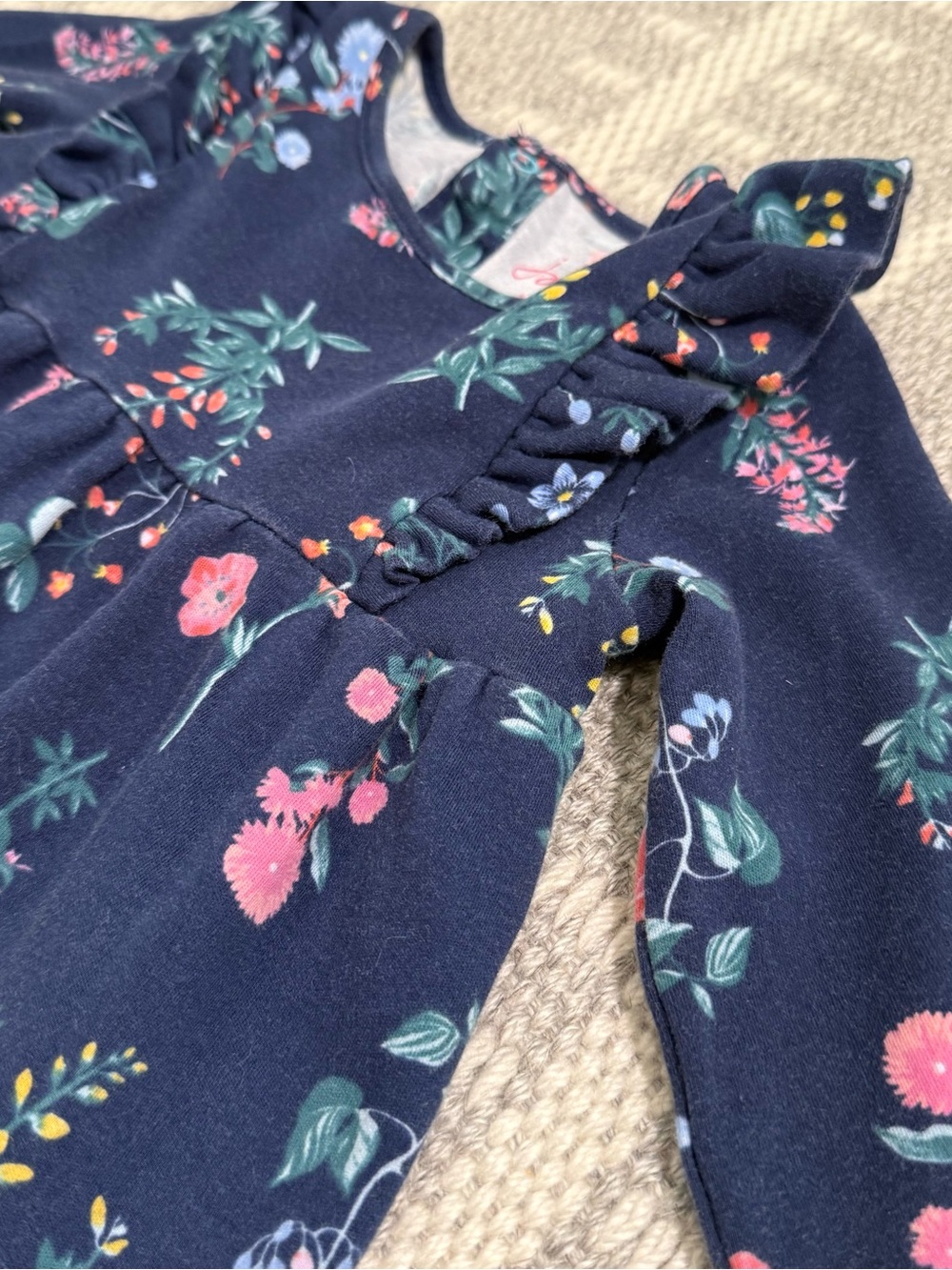 Joules 18-24 mo Girls Navy Blue Botanical Floral Dress Ruffle Shoulder